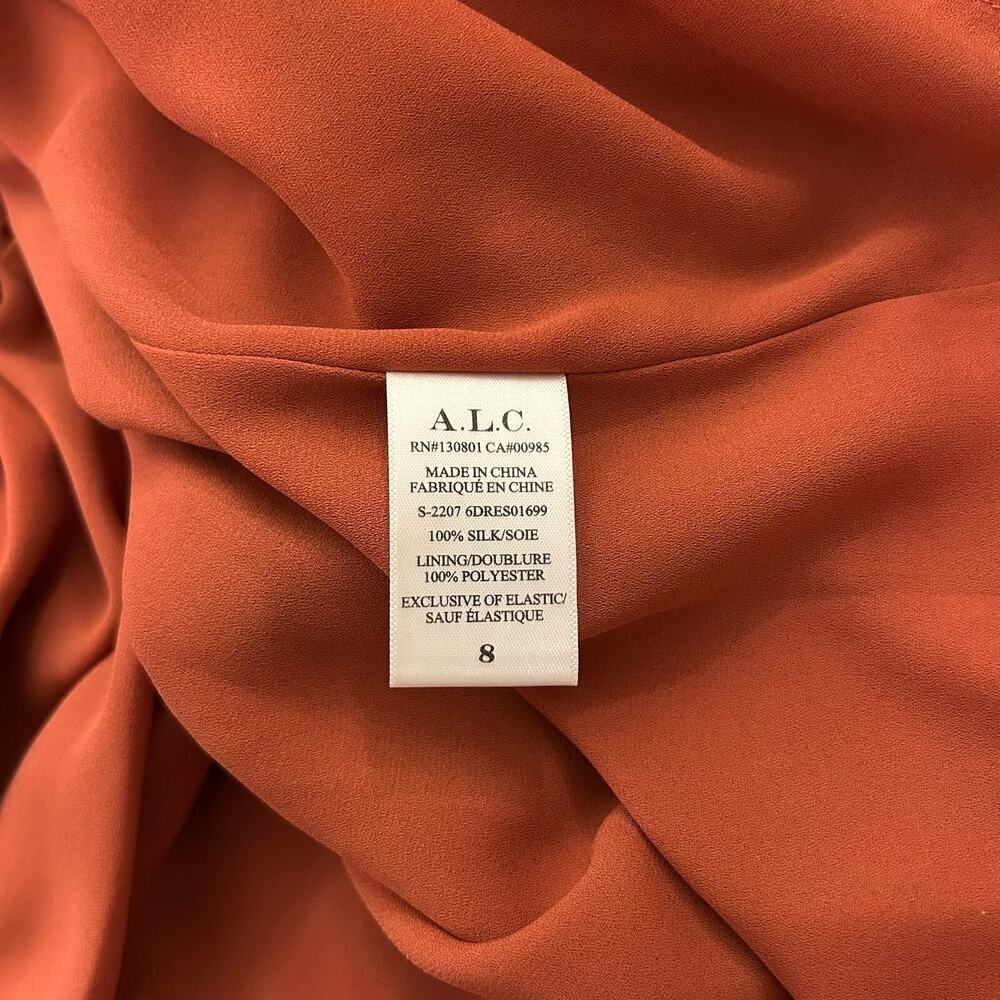 ALC Cory Dress 8 Terracotta Paisley Silk High Neck Smocked Waist Tiered Mini - Picture 12 of 15